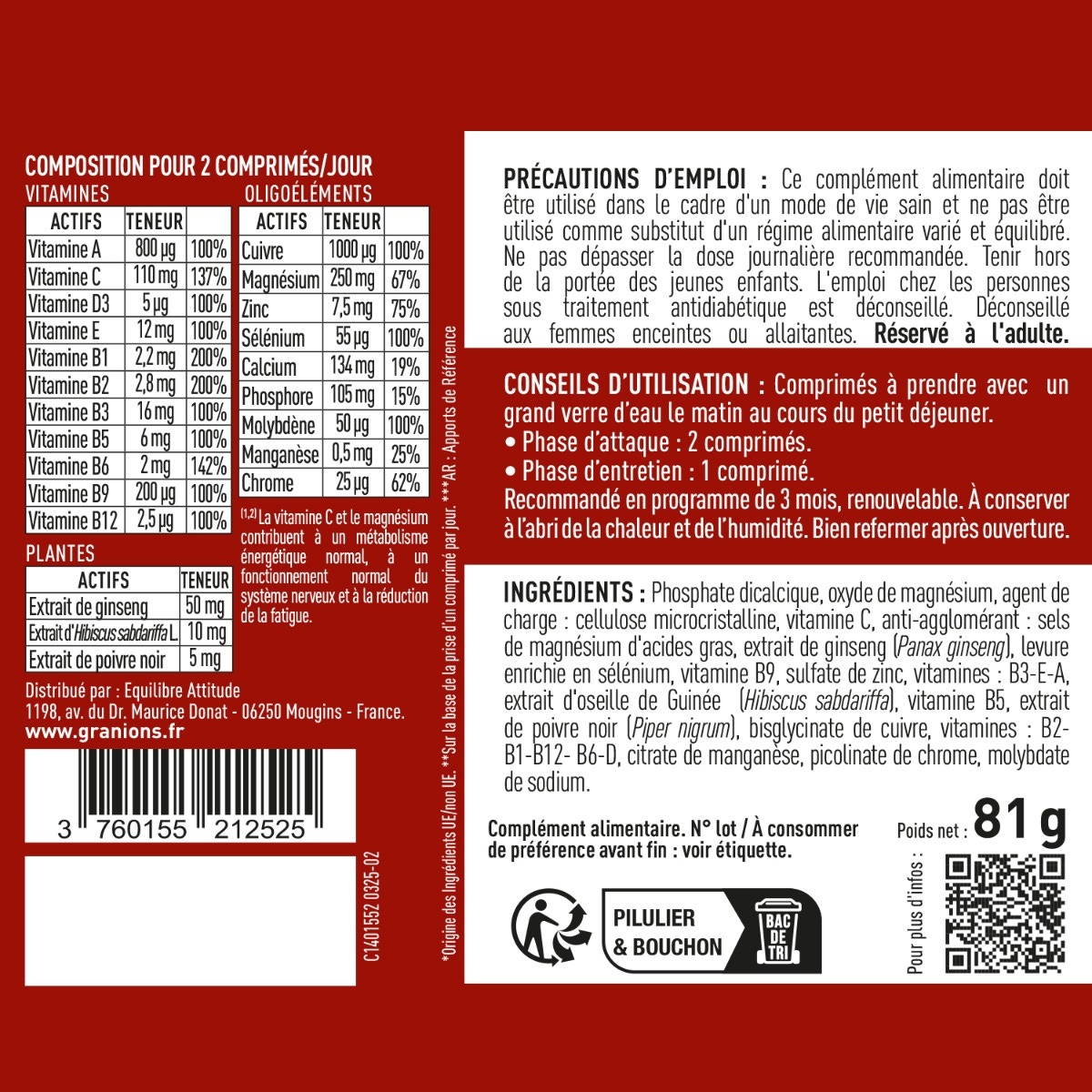Ingrédients 23 Vitamines Minéraux et Plantes 90 comprimés