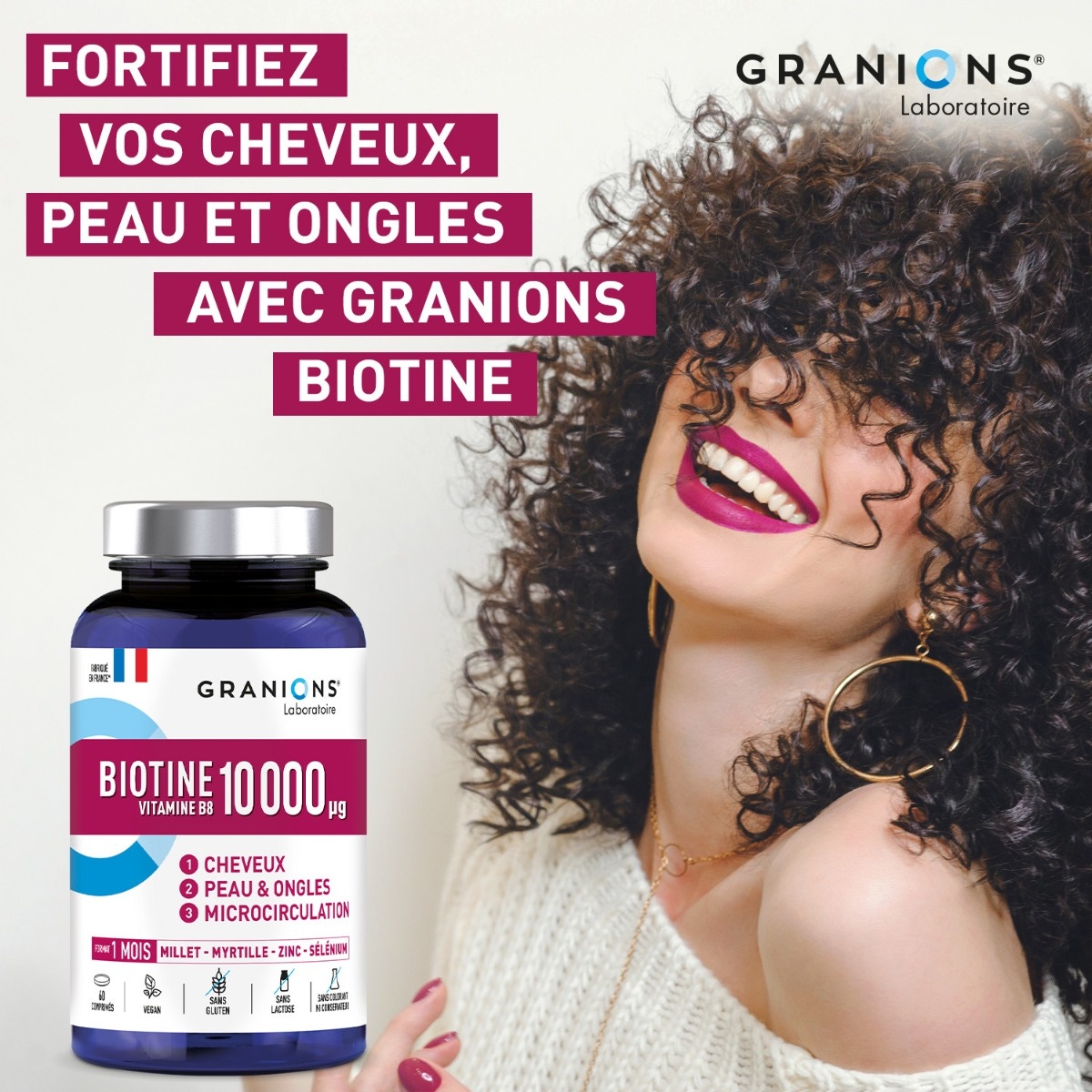 Biotine 10 000 µg - CHEVEUX, PEAU, ONGLES - MICROCIRCULATION - Vit. B5, B8, Millet, Cystine, Myrtille, Zinc, Sélénium