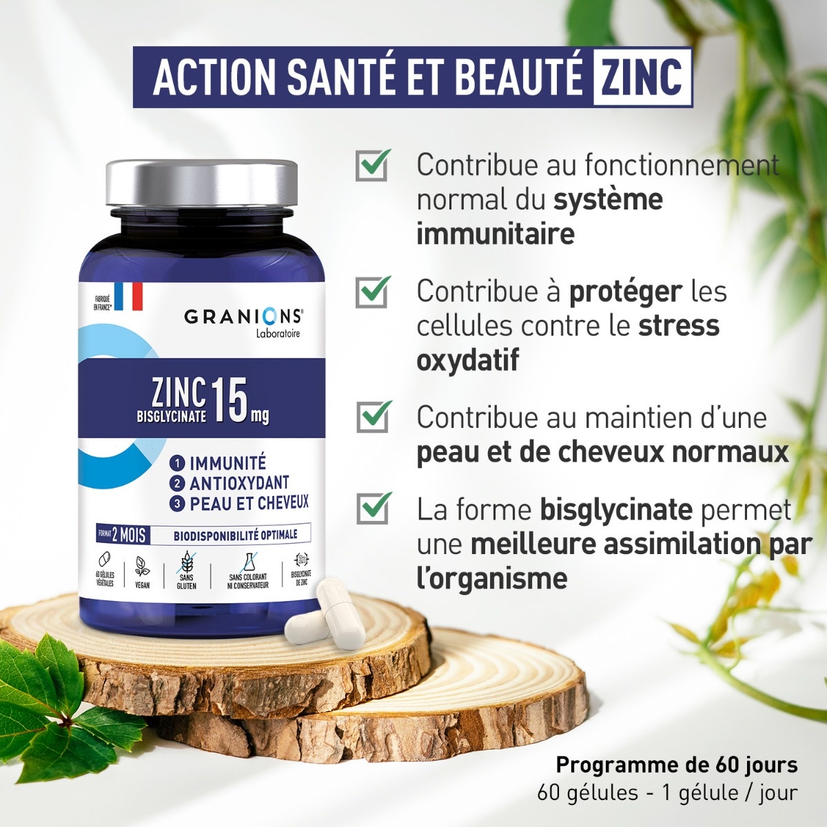 Pilulier zinc bisglycinate 15 mg Granions - 60 gélules végétales - Immunité - Antioxydant - Peau et Cheveux - Face - Résumé