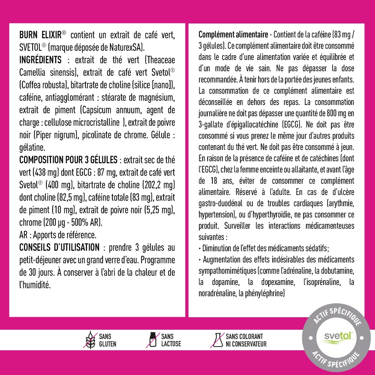 Ingrédients EAFIT Burn Elixir, puissant brûleur de graisses, programme 1 mois 